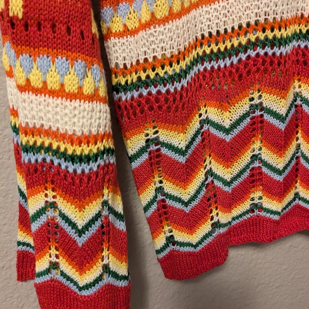 NEW Red Rainbow Multicolor Striped Hollowed Knit Women's Sweater Loose Sleeve M - Picture 5 of 7